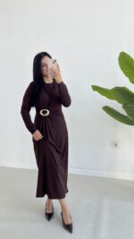 Gold Toka Detaylı Elbise - Acı Kahve - Görsel 8