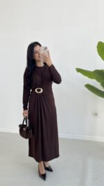 Gold Toka Detaylı Elbise - Acı Kahve - Görsel 10