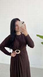 Gold Toka Detaylı Elbise - Acı Kahve - Görsel 7