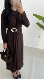 Gold Toka Detaylı Elbise - Acı Kahve - Görsel 11