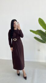 Gold Toka Detaylı Elbise - Acı Kahve - Görsel 2