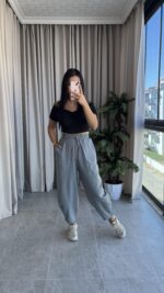 Gri  Balon Model Keten Pantolon