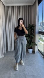Gri  Balon Model Keten Pantolon - Görsel 2