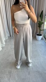 Gri Cırtlı Palazzo Pantolon - Görsel 3