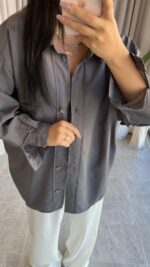 Gri Oversize Bambu Gömlek - Görsel 4