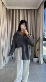 Gri Oversize Bambu Gömlek - Görsel 5