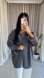 Gri Oversize Bambu Gömlek - Görsel 2