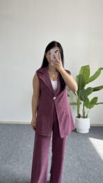 Helena Şal Yaka Yelek Pantolon İkili Takım - Gül Kurusu - Görsel 6