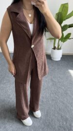 Helena Şal Yaka Yelek Pantolon İkili Takım - Kahverengi - Görsel 9