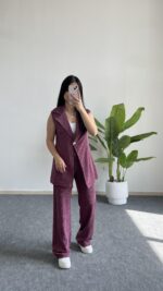 Helena Şal Yaka Yelek Pantolon İkili Takım - Gül Kurusu - Görsel 2