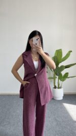 Helena Şal Yaka Yelek Pantolon İkili Takım - Gül Kurusu - Görsel 8