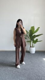 Helena Şal Yaka Yelek Pantolon İkili Takım - Kahverengi