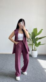 Helena Şal Yaka Yelek Pantolon İkili Takım - Gül Kurusu - Görsel 11