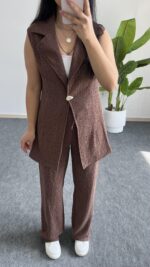 Helena Şal Yaka Yelek Pantolon İkili Takım - Kahverengi - Görsel 10