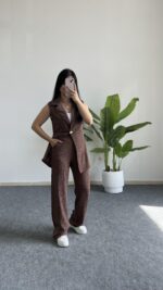 Helena Şal Yaka Yelek Pantolon İkili Takım - Kahverengi - Görsel 5