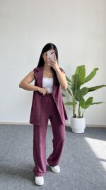 Helena Şal Yaka Yelek Pantolon İkili Takım - Gül Kurusu - Görsel 10