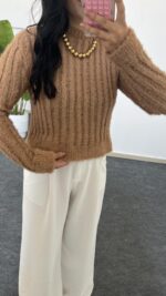 Hira Ajurlu Sakallı Triko Bluz - Camel - Görsel 6