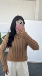 Hira Ajurlu Sakallı Triko Bluz - Camel - Görsel 4