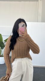 Hira Ajurlu Sakallı Triko Bluz - Camel - Görsel 3