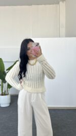 Hira Ajurlu Sakallı Triko Bluz - Ekru - Görsel 5