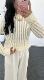 Hira Ajurlu Sakallı Triko Bluz - Ekru - Görsel 4