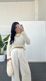 Hira Ajurlu Sakallı Triko Bluz - Ekru - Görsel 6