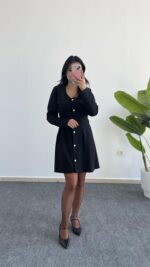 İnci Düğmeli Kapalı Cep Elbise - Görsel 6