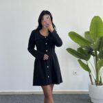 İnci Düğmeli Kapalı Cep Elbise