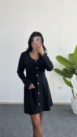 İnci Düğmeli Kapalı Cep Elbise - Görsel 2