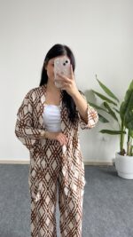 Kahverengi Baklava Desen Kimono Takım - Görsel 2