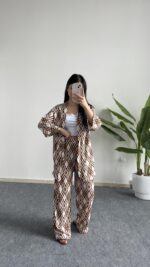 Kahverengi Baklava Desen Kimono Takım - Görsel 3