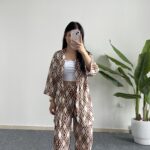 Kahverengi Baklava Desen Kimono Takım