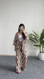 Kahverengi Baklava Desen Kimono Takım