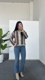 Kardena Baklava Desen Sakallı Hırka - Kahve - Görsel 5