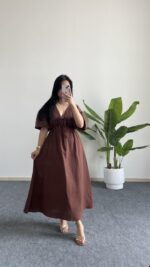 Eleni Karpuz Kol Müslin Elbise - Kahverengi - Görsel 3