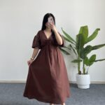 Eleni Karpuz Kol Müslin Elbise - Kahverengi