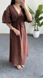 Eleni Karpuz Kol Müslin Elbise - Kahverengi - Görsel 5