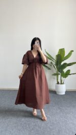 Eleni Karpuz Kol Müslin Elbise - Kahverengi - Görsel 4