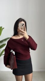 Kayık Yaka Oysho Bluz - Bordo - Görsel 3