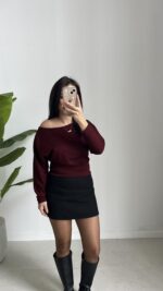 Kayık Yaka Oysho Bluz - Bordo - Görsel 4