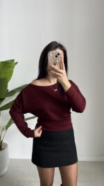 Kayık Yaka Oysho Bluz - Bordo - Görsel 5