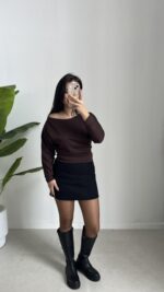 Kayık Yaka Oysho Bluz - Kahve - Görsel 3