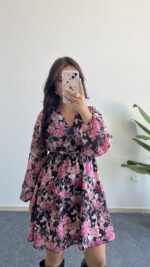 Kemerli Kruvaze Yaka Çiçekli Şifon Elbise - Pembe - Görsel 3