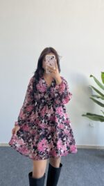 Kemerli Kruvaze Yaka Çiçekli Şifon Elbise - Pembe - Görsel 2