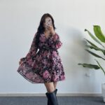 Kemerli Kruvaze Yaka Çiçekli Şifon Elbise - Pembe