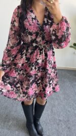 Kemerli Kruvaze Yaka Çiçekli Şifon Elbise - Pembe - Görsel 5