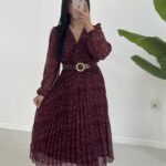 Kruvaze Kemerli Şifon Midi Elbise - Bordo