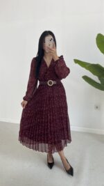 Kruvaze Kemerli Şifon Midi Elbise - Bordo