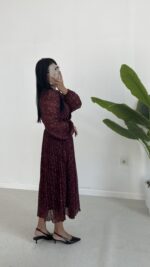 Kruvaze Kemerli Şifon Midi Elbise - Bordo - Görsel 8