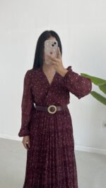 Kruvaze Kemerli Şifon Midi Elbise - Bordo - Görsel 4